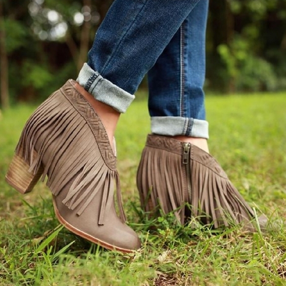 Sassy Seychelles x Anthro Fringe Boho Leather Ankle Booties - Picture 3 of 8